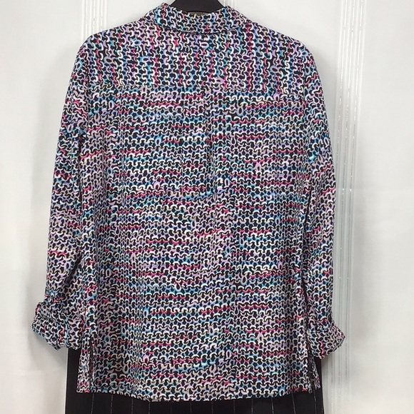 🎵 NOTATIONS Black Multi Abstract Print Long Sleeve Roll Tab Blouse - Picture 3 of 10